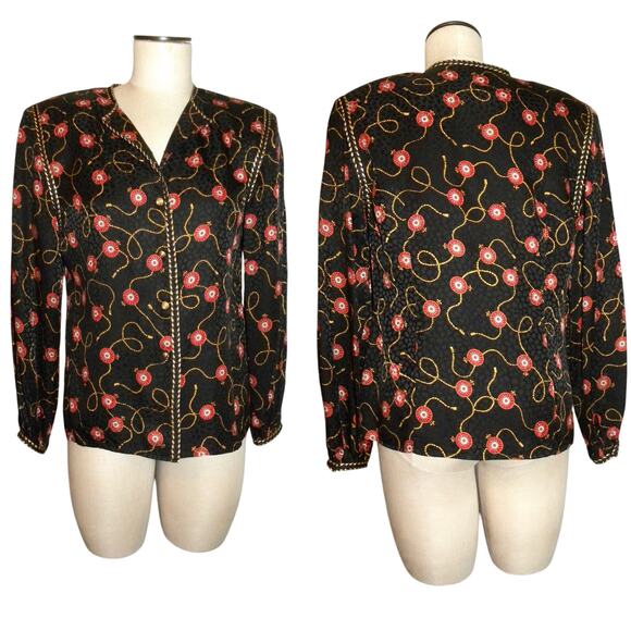 80s Scarf Print SILK Blouse | Fleur-de-Lis Tassel Black Red Gold Pattern | S - Picture 9 of 10